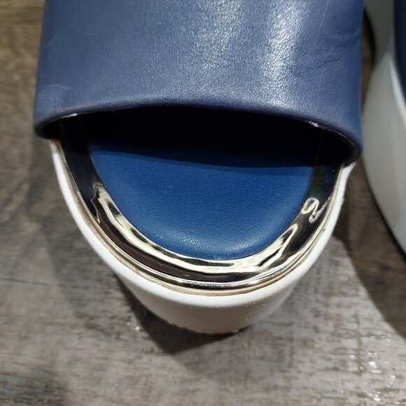 Slip On Sandles DKNY Leather Mules Blue White Chunky Heel Women USA7.5 EU38 UK 5 - Picture 7 of 8